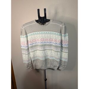 Vintage Beldoch Popper Fair Isle Pointelle Knit Sweater Pastel Puff Sleeve Grey